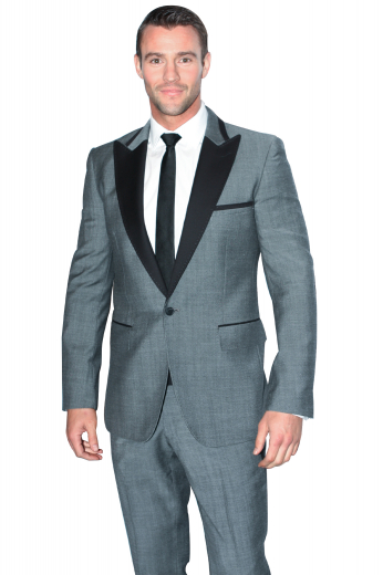 Mens Contrast Collar Grey Made To Measure Suit This men's contrast collar suit is tailor made in a fine wool blend and cut to a slim fit, featuring a single breasted button closure, peak lapels, and slash pockets.