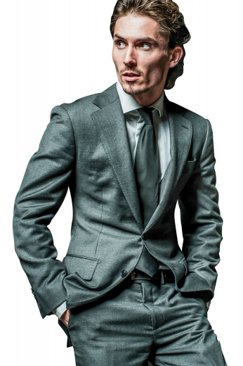 Olive Tailored Mens Suit This grey green men's suit is tailor made in a fine wool blend and cut to a slim fit, featuring a single breasted two button closure, handstitched lapels, and handsewn cuffs.