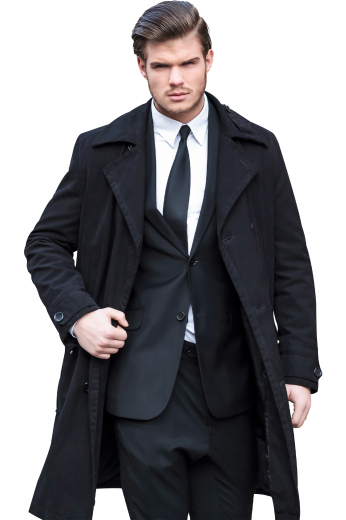 Mens Black Notch Lapel Tailored Suit This black men's suit is tailor made in a fine wool blend and cut to a slim fit, featuring a single breasted button closure, notch lapels, and slash pockets, perfect for all business events.