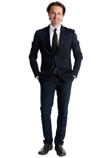Mens Hand Tailored Midnight Blue Suit This men's pant suit is tailor made in a fine wool blend and cut to a slim fit, featuring a two button single breasted button closure, peak lapels, and piped pockets.