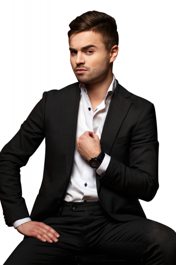 This men's pant suit is tailor made in a fine wool blend and cut to a slim fit, featuring a single breasted button closure, high notch lapels, and slash pockets. 