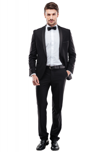 Mens Custom Black Suit Set This men's pant suit is tailor made in a fine wool blend and cut to a slim fit, featuring a single breasted button closure, satin shawl collar, and welt pockets.
