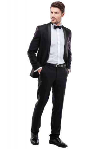 This men's pant suit is tailor made in a fine wool blend and cut to a slim fit, featuring a single breasted button closure, peak lapels, and piped pockets. 