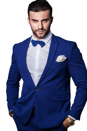 Mens Custom Cadet Blue Pant Suit This men's pant suit is tailor made in a fine wool blend and cut to a slim fit, featuring a single breasted button closure, peak lapels, and hand sewn cuffs.