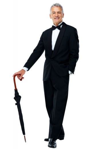 This sleek black men's pant suit is tailor made in a fine wool blend and cut in a slim fit, featuring satin notch lapels, single breasted button closures, and slash pockets. 