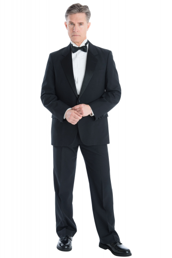 This men's pant suit is tailor made in a fine wool blend and cut in a slim fit, featuring satin notch lapels, single breasted button closures, and slash pockets. 