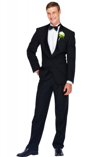 This men's pant suit is tailor made in a fine wool blend and cut to a slim fit, featuring a single breasted button closure, shawl collar, and handstitched lapels. 
