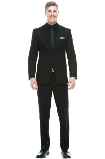 Single Breasted Bespoke Tailored Black Pant Suit This men's pant suit is tailor made in a fine wool blend and cut to a slim fit, featuring a single breasted button closure, notch lapels and slash pockets.