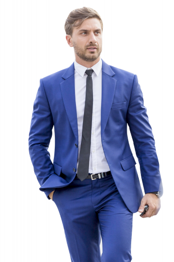 Single breasted two button men suit. Jacket is styled with rule notch lapels, Flap pockets, center vent and pants are flat front, slash pockets and one pocket at the back