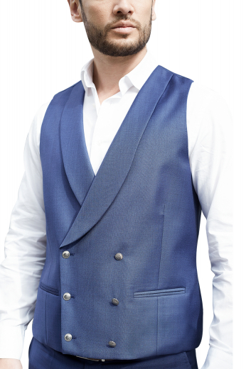 Blue Formal Online Tailored Mens Vest This blue men's vest is tailor made with a double breasted, six button closure, and a shawl collar. It is perfect for all formal occasions.