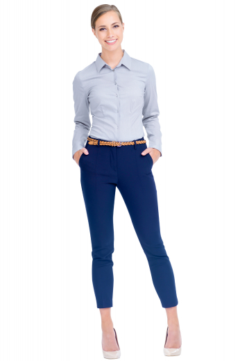 A gorgeous hand tailored women's blue-grey custom formal shirt that can easily be worn with a nice pair of jeans. This women's custom made ainsley collar blouse, perfect for your work wardrobe, featuring rounded barrel cuffs. 