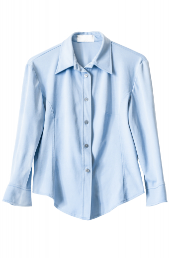 This classic cut made to measure light blue women's blouse features an ainsley collar and rounded barrel cuffs. It is custom made to a princessy style with matching buttons and a placket front. 
