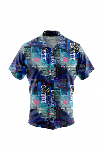 Men's short sleeved shirt for casual wear with cheeky prints and news column print all in a fun shades of blue. A fun men's custom tailored poplin short sleeve dress shirt intricately designed print. This men's made to measure dress shirt is great for a casual day out on the town and also for summer vacation. This handstitched dress shirt will make a great addition to your summer collection.