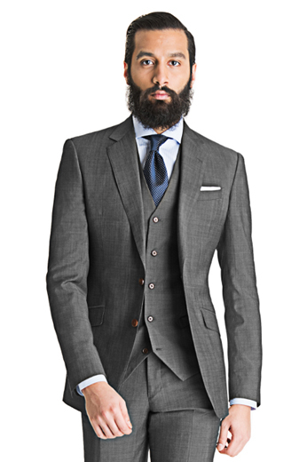 Mens Custom Tailored Three Piece Suit A flattering light grey custom tailored men's three piece suit designed with a formal, modern flare. This tailor made men's three piece suit is made up of a comfortably cut men's grey suit trousers, an expertly designed five button waistcoat that complements any body type and finished off by a light matching custom jacket with contrasting buttons.
