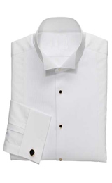 A tailor-made men's finely designed white cotton tuxedo shirt with absolutely gorgeous detailing this shirt has a beautiful plain front and back design with a wing-tipped collar. This dinner shirt for men sports stud button front and French cuffs giving it a classic and traditional look. Order it in a multitude of colors in cottons or silks and customize this beautiful dinner shirt for the ideal evening out.