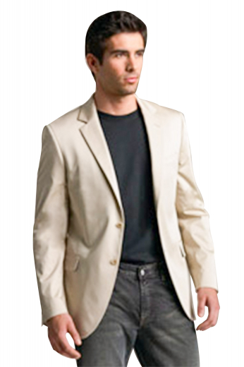 A well made casual tailored wide shoulder two button single breasted with a center vent in a throw on look.